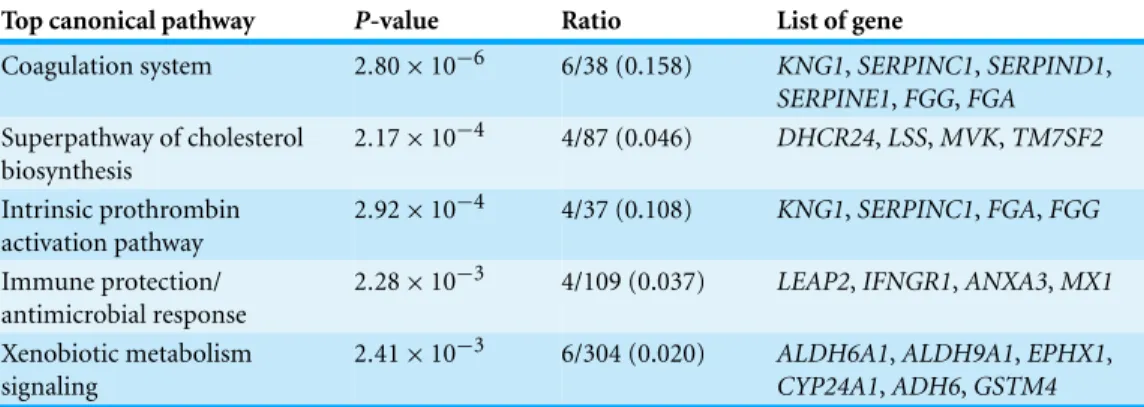 Table 2 IPA analysis. A summary of Ingenuity Pathway Analysis (IPA) showed the top networks and top predicted canonical pathways affected by the altered expression of genes in response to the treatment of the leaf extract in HepG2 cells.