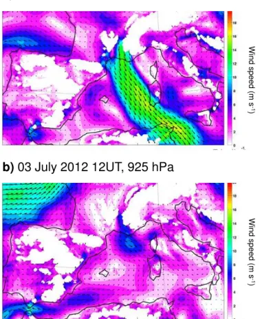 Figure 3. Example of wind maps at 925 mbar for 26 June and 3 July 2012. The maps are obtained from the WRF-Chem model (Weather Research and Forecasting – Chemistry) at 10 km  horizon-tal resolution.