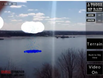 Figure 9.  A live screen capture from An Augmented Touch  of  Rain.  The  user  can  look  around  them  at  the  real  world  through the tablet device and see the virtual clouds that they  created