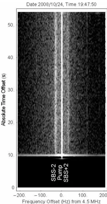 Fig. 1. Time history of the SEE spectra near the HF pump frequency of 4.5 MHz. The data were obtained on 24 October 2008 when the HF wave was turned on at 19:48 UT