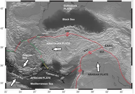 Figure 1. Tectonic map of the study area. The major plate boundary data are taken from Bird (2003)