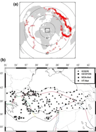 Figure 2. (a) Epicentral distribution of 1028 teleseismic events (Mw &gt; 5.5) with epicentral dis- dis-tances ranging from 60 to 85 ◦ , marked with red circles