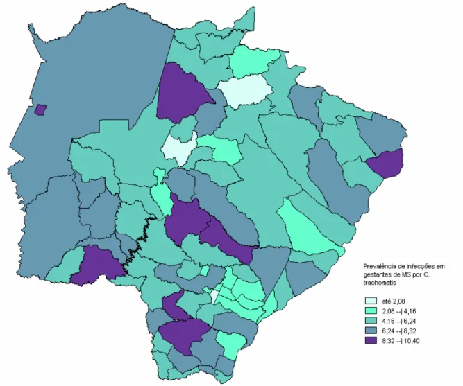 Figura 5  Prevalência de infecções em gestantes por C. trachomatis, de acordo  com município de residência, no Estado de Mato Grosso do Sul, 2005 a 2007