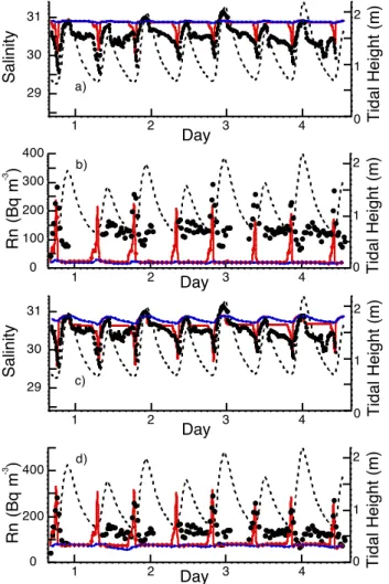 Fig. 9. Box model simulation of channel salinity and radon data assuming: (a), (b) Fresh groundwater is discharged to the pond at all tidal heights at a rate of 2100 m 3 d −1 , and to the channel at a rate of 300 m 3 d −1 , only within 10 cm of low tide