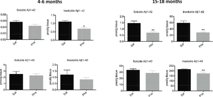 Figure 1. Effects of (+)-phenserine on brain amyloid levels in Tg2576 mice. Levels of tris-soluble (soluble) and guanidine-soluble (insoluble) Ab1-42 and Ab1-40 in the cerebral cortices of 4- to 6-month-old (A) and 15- to 18-month-old (B) Tg2576 transgenic