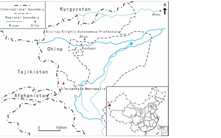 Fig 1. Location of Ji ’ erzankale Necropolis. The red triangle represents the Ji’erzankale Necropolis site.