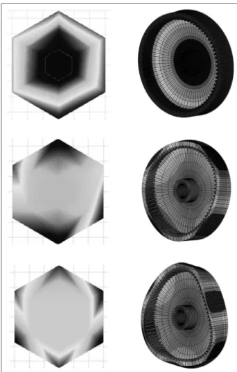 Figure 12. Three modes of vibration of the gear obtained by simulation (shown at right) and experimental tests (shown at left).