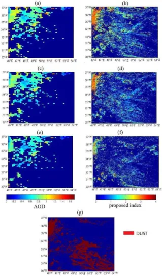 Figure 3. comparing our algorithm result and MOD04 and  BTD of dust phenomena in 15 may of 2005