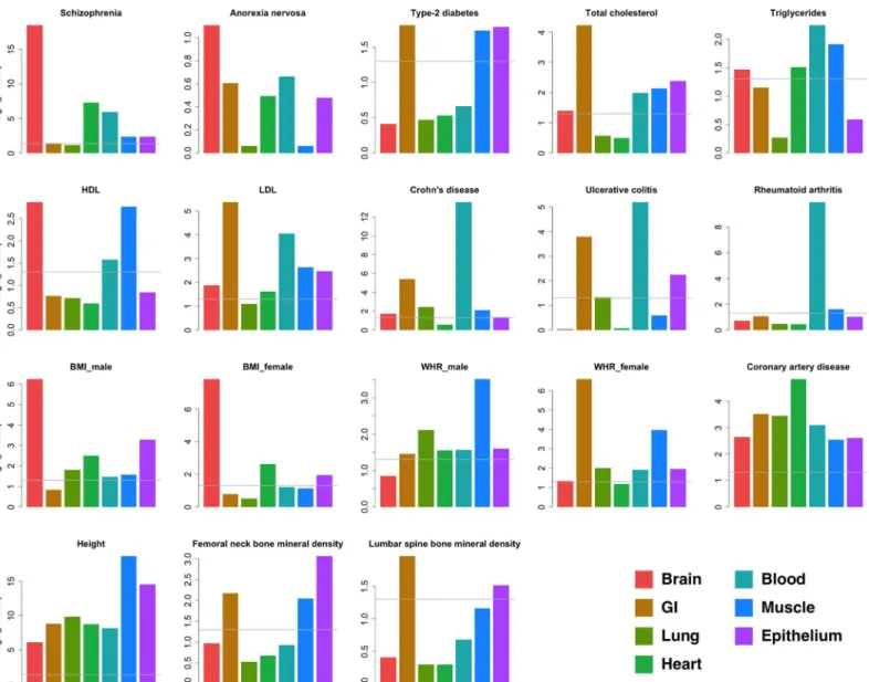 Fig 4. Tissue-specific enrichment of GWAS signals. Enrichment p-values were calculated using LD score regression