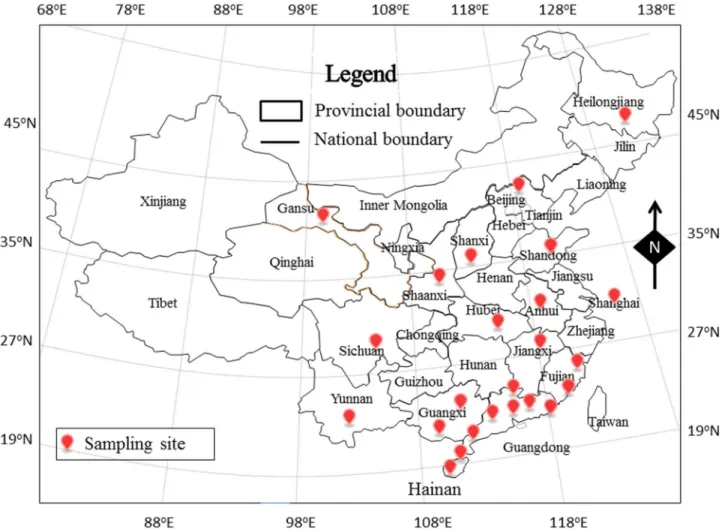 Fig 1. The locations of the sampling sites for this study in China. Based on 30° northern latitude, there are six cities in north China and 18 cities in South China.