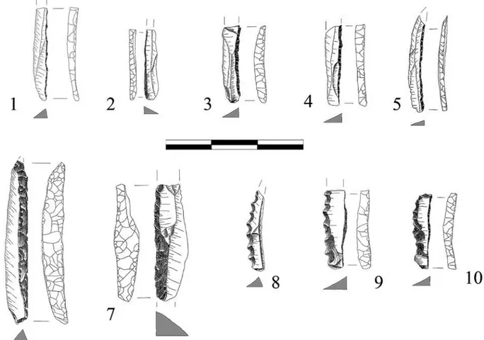 Fig. 7. Industria microlaminar del Nivel I (zona B). 1-4 hojitas de dorso; 5 punta de dorso; 6-7 microgravettes; 8 hojita denticulada; 9-10 hojitas de dorso denticuladas.
