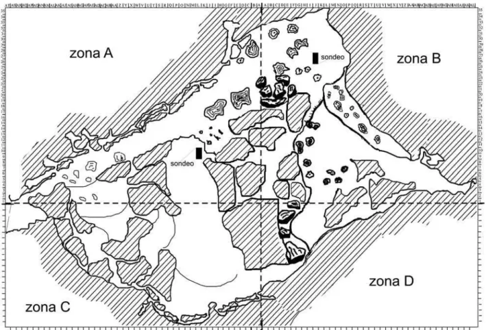 Fig. 3. Planta de la gran sala de entrada, en la que se sitúa el yacimiento. Los sondeos se sitúan en los cuadros L9 y L10 de la zona A y J26 y J27 de la zona B (topografía realizada por R