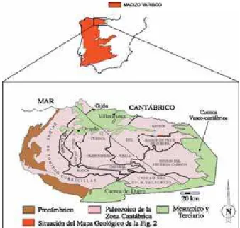 Fig. 4. Esquema geológico mostrando la situación de la cueva de Coimbre dentro de la Zona Cantábrica del Macizo Varisco del NO de la Península Ibérica (modificado de Julivert, 1971).