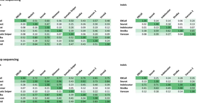 Fig 3. Inter-caller agreement. Pairwise comparisons of the nine studied variant callers in exome sequencing of five breast cancer samples in exome sequencing and deep sequencing data in upper and lower panels, respectively