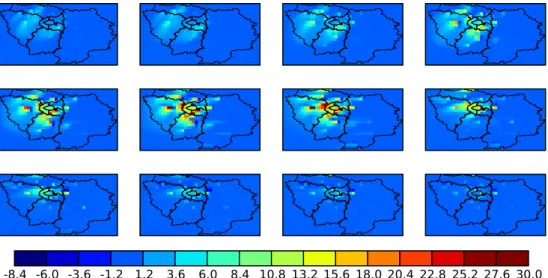 Fig. 10. Evolution of the difference between reference and plume-in-grid NO ground concentrations during twelve hours, from 23 August at 03:00 (local hour) to 23 August at 14:00