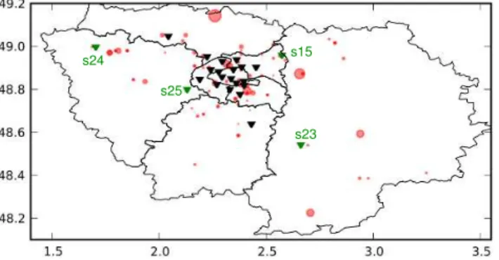 Fig. 4. Measurement stations (triangles), and main point sources, for NO. The circles areas are proportional to the sources emission rate