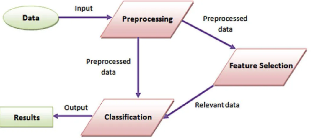 Figure 1. Overall System Architecture. The input data is preprocessed then the preprocessed data may be directly classified or feature selection is applied to utilize in the classification only relevant features.
