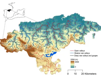Fig. 1. River network of the Cantabrian region, northern Spain, and spatial distribution of the three considered valley types over the study area.