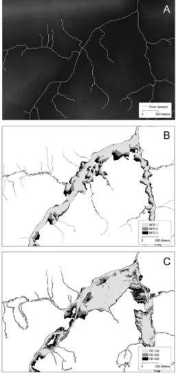 Fig. 4. Illustration of river centre-lines over the digital elevation model at a confluence (A) and bankfull depth floodplain surfaces (B; at 1, 2 and 3 bankfull depth heights) and path distance  flood-plain surfaces (C; at 100, 200 and 300 threshold value
