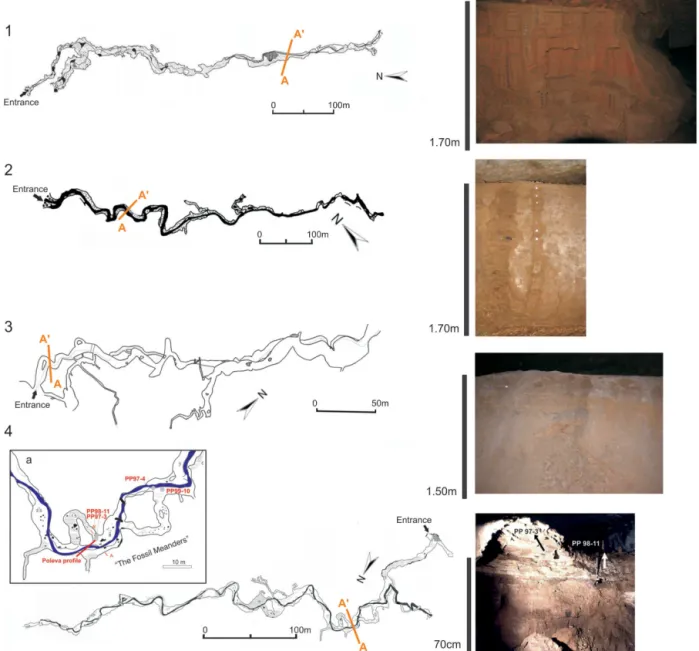 Figure 2. Maps of the selected caves with the location of the sampled profiles (A-A ′ ) and their photos