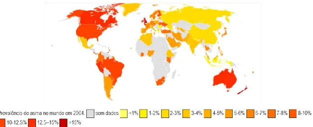Figura 3 - Prevalência de Asma Clínica no mapa mundial (GINA, 2004). 