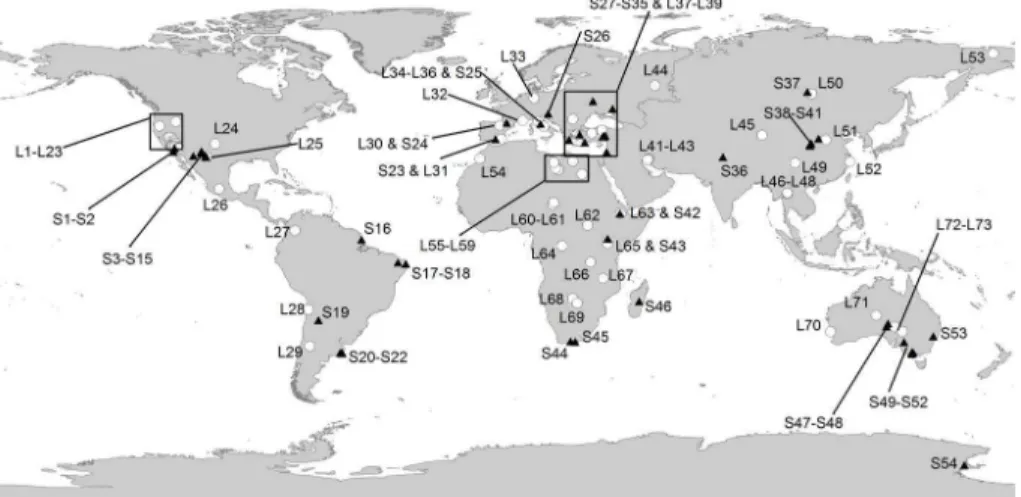 Fig. 1. The location of the soils and lake data used in this study to reconstruct global Late Pliocene land surface features