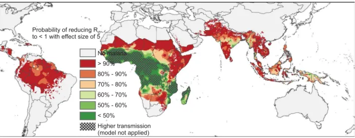 Figure 5. Map of the predicted probabilities that five-fold reductions will interrupt transmission in Southeast Asia
