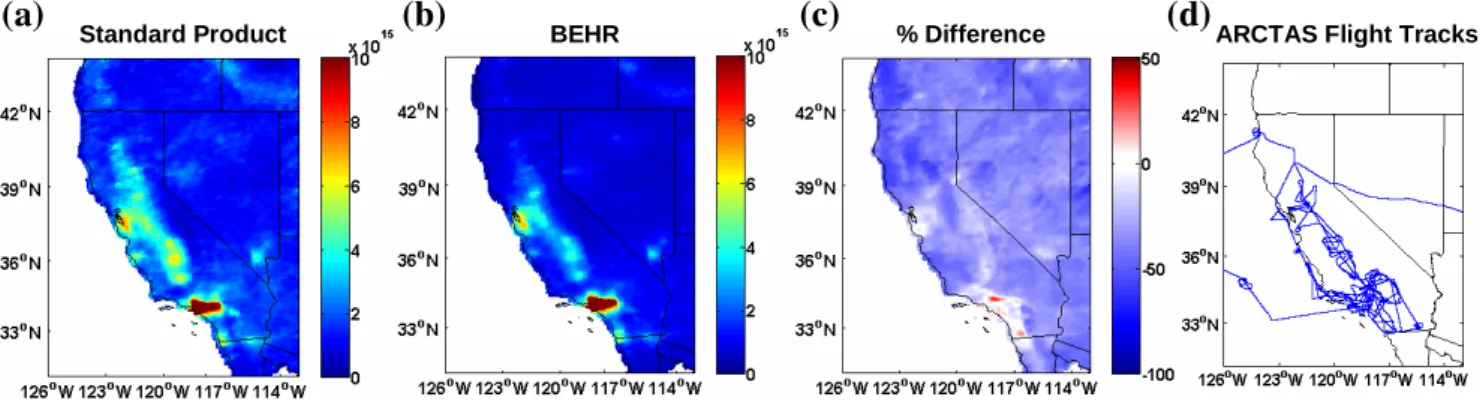 Fig. 4. Average tropospheric NO 2 column for June 2008 from (a) the Standard Product and (b) the BEHR product, and (a) the percent difference between the two products