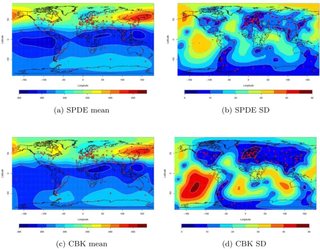 Figure 1. Surface predicted ozone (DU) mean and SD for SPDE (strategy D) and CBK (strategy B) from January 2000