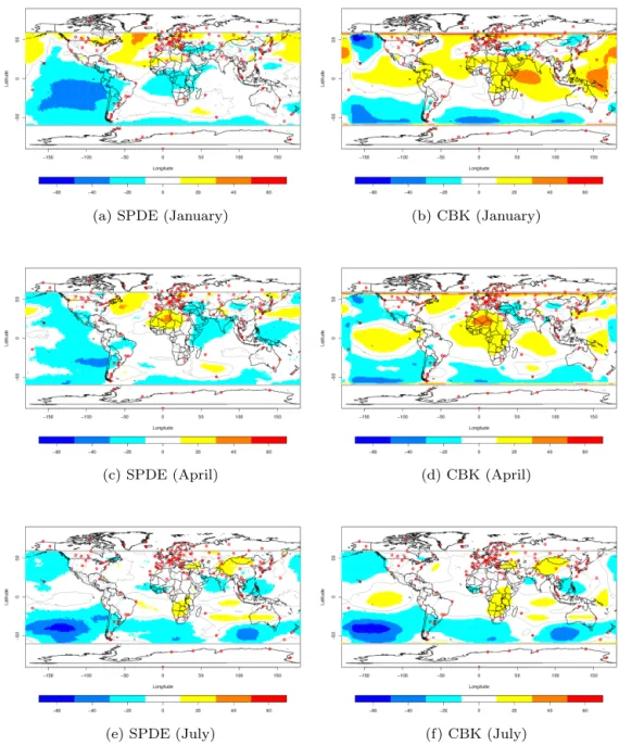 Figure 4. Total ozone (DU) difference mapping of SPDE and covariance-based kriging (CBK) estimated mean with respect to satellite data from January, April and July 2000.