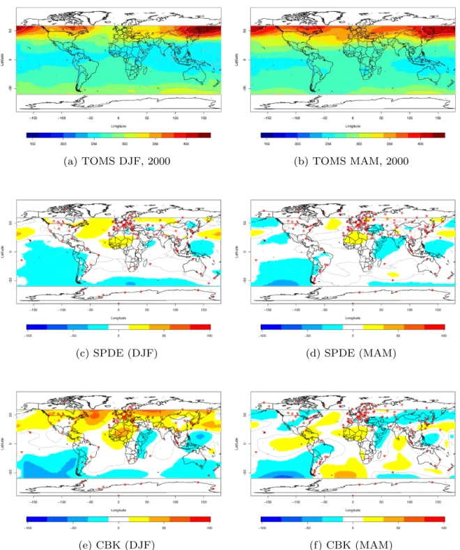 Figure 6. Ozone mapping from TOMS data in (a) DJF and (b) MAM; global difference mapping of SPDE and covariance-based kriging (CBK) predicted mean with respect to TOMS data in DJF (c and e) and MAM (d and f) 2000.