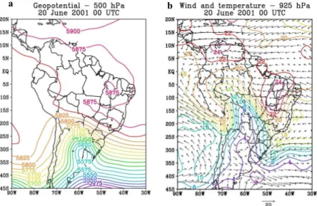 Fig. 2. NCEP reanalysis for (a) geopotential height (m) at 500 hPa and (b) temperature ( ◦ C) and wind fields (m/s) at 925 hPa for 20 June 2001 at 00:00 UTC.