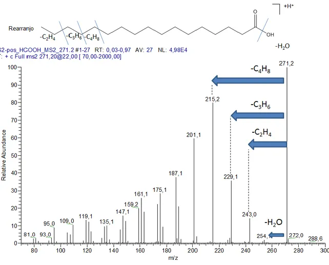 Figura  10  –  Espectro  de  massa  do  ácido  heptadecanóico  (ou  ácido  margárico)  (C17:0),  com  esquema  representativo  da  sua  fragmentação  obtido  na  fracção  do  diclorometano  da  alga  Sphaerococcus coronopifolius