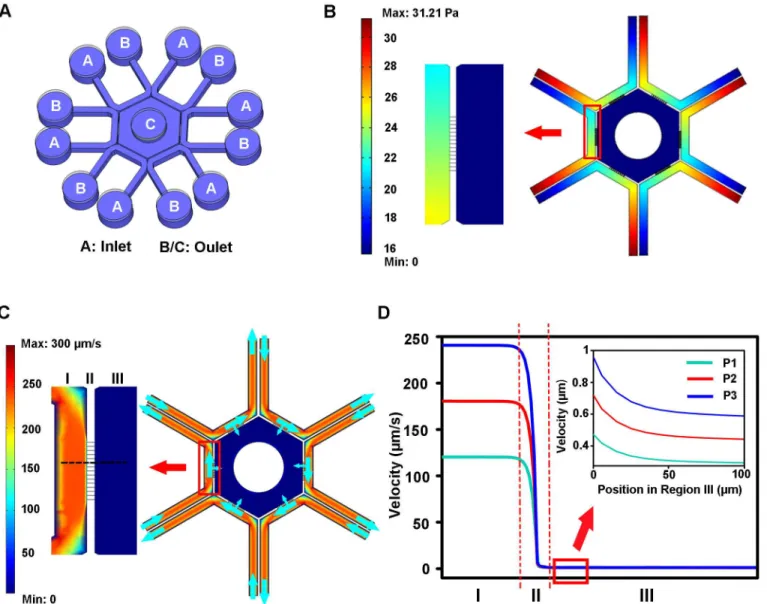 Fig 2. Simulation analysis of fluid flow in the device. (A) Schematic illustration of the microfluidic device