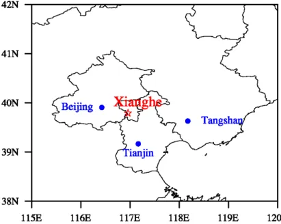 Fig. 1. Location of the Xianghe Observatory and major neighborhood cities.