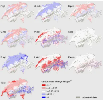 Figure 9. Changes in carbon mass between 2000 and 2100 simu- simu-lated with the adjusted parameter set under a constant CO 2 level from year 2000 on