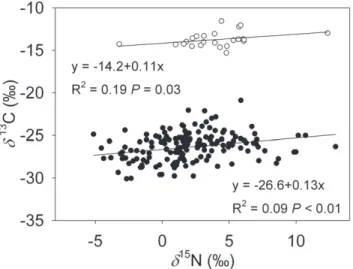 Figure 2. Correlations between d 13 C and d 15 N values of the studied C 3 (filled circles) and C 4 plants (open circles)