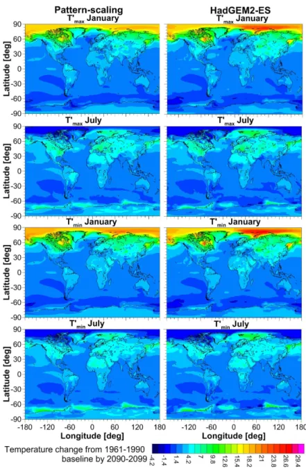 Fig. 5. The change in T max ′ and T min ′ between 1961–1990 and 2090–2099 in January and July derived from the CPSM (left column) and extracted from the HadGEM2-ES model (right column)