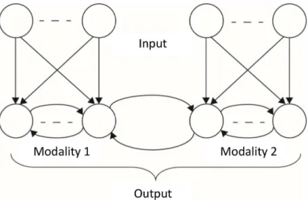 Fig 1. Architecture of a general network model for studying synaesthesia. The network consists of two interacting modalities