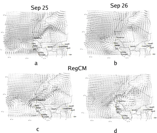 Fig. 7. ERA 40 vs. RegCM wind fields for the 40 km resolution simulation (12:00 UTC) at 850 hpa for 25 and 26 September 2000.