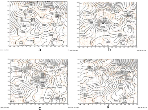Fig. 1. Synoptic situation during the North African test case. Surface sea-level-pressure charts (mb) from NCEP reanalysis for 12:00 UTC, 13–16 March 1998.