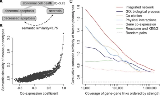 Figure 1. Processing and comparison of functional genomics data. (A) Terms in a phenotype ontology have an information content (IC) which is inversely proportional to the number of genes annotated with them
