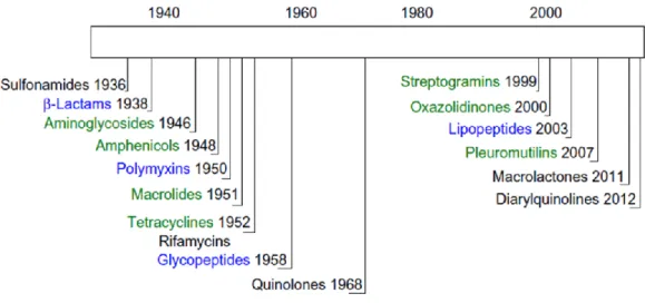 Figura 2. Ordem cronológica da descoberta dos antibióticos (Fair e Tor, 2014). 
