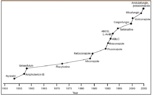 Figura 3. Ordem cronológica da descoberta de moléculas com atividade antifúngica. 