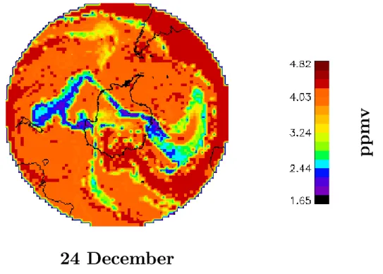 Fig. 5. Polar stereographic (30–90 ◦ S) high-resolution ozone map on the 600 K surface, on 24 December 1998.