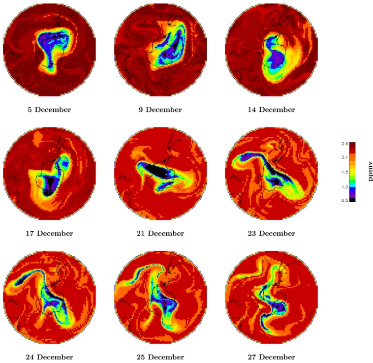 Fig. 6. Polar stereographic (30–90 ◦ S) high-resolution ozone maps on the 500 K surface for nine selected days in December 1998.
