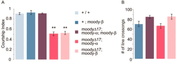 Figure 3. moody-a and moody-b mutants have courtship defects. The graph shows the courtship index CI (fraction of time males spend courting during the observation period) 6 SEM of the indicated genotypes, or the performance of males in a control activity a