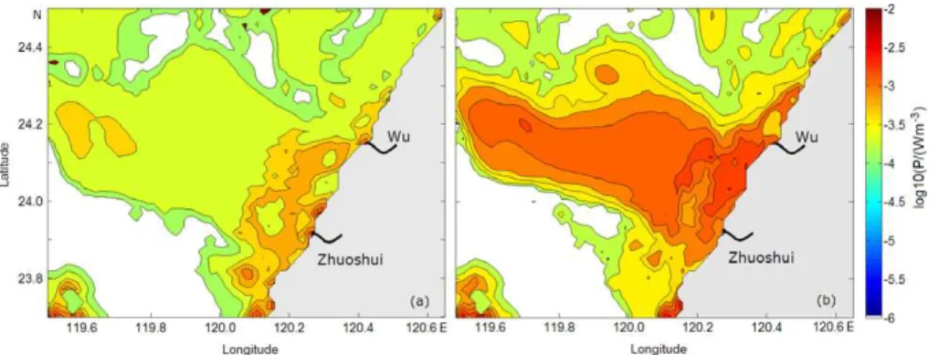 Fig. 8. Modeled horizontal distributions of TKE production rate at 1 m depth at (a) 08:00 and (b) 11:00 GMT on 27 June 2013.