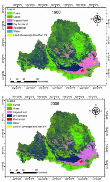 Fig. 2. Land use and cover of Wei River basin in 1980 and 2005 (the data is provided by the National Science and Technology  In-frastructure Center, Data-Sharing Network of China Earth System Science, www.geodata.cn).