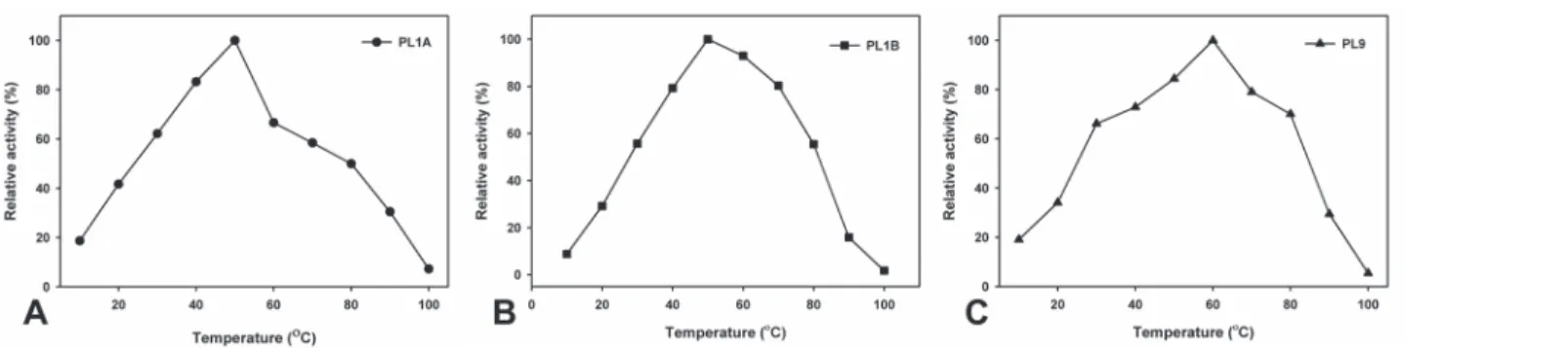 Figure 6. Effect of temperature on the activity of (A) PL1A; (B) PL1B; (C) PL9 towards PGA as substrate.